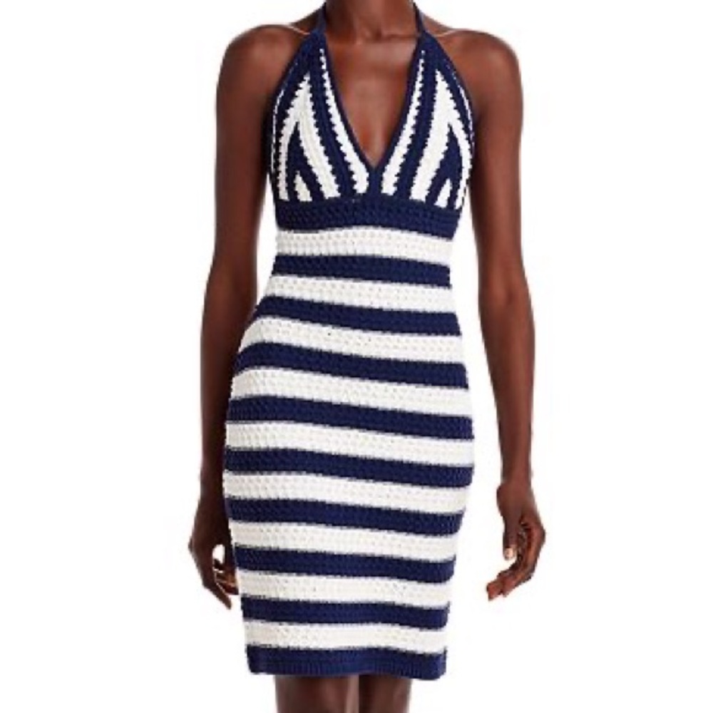 AQUA crochet halter mini dress